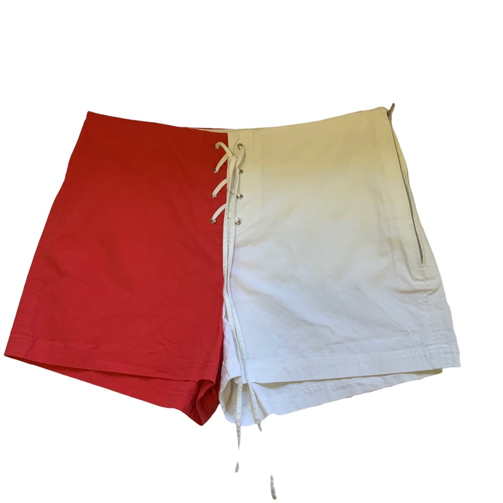 Frame Denim Two-Tone High-Waist Shorts — Red and White